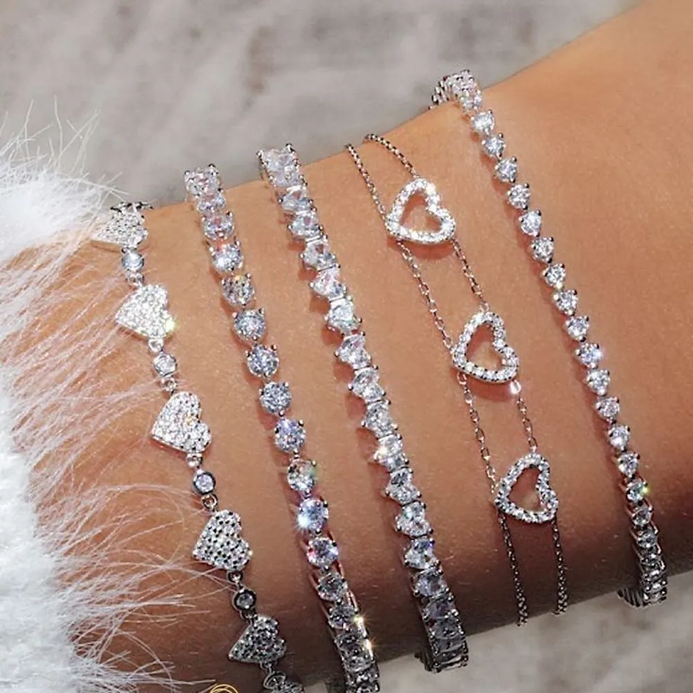 Mix de Pulseiras Riviera e Corações - Conjunto Prata 925