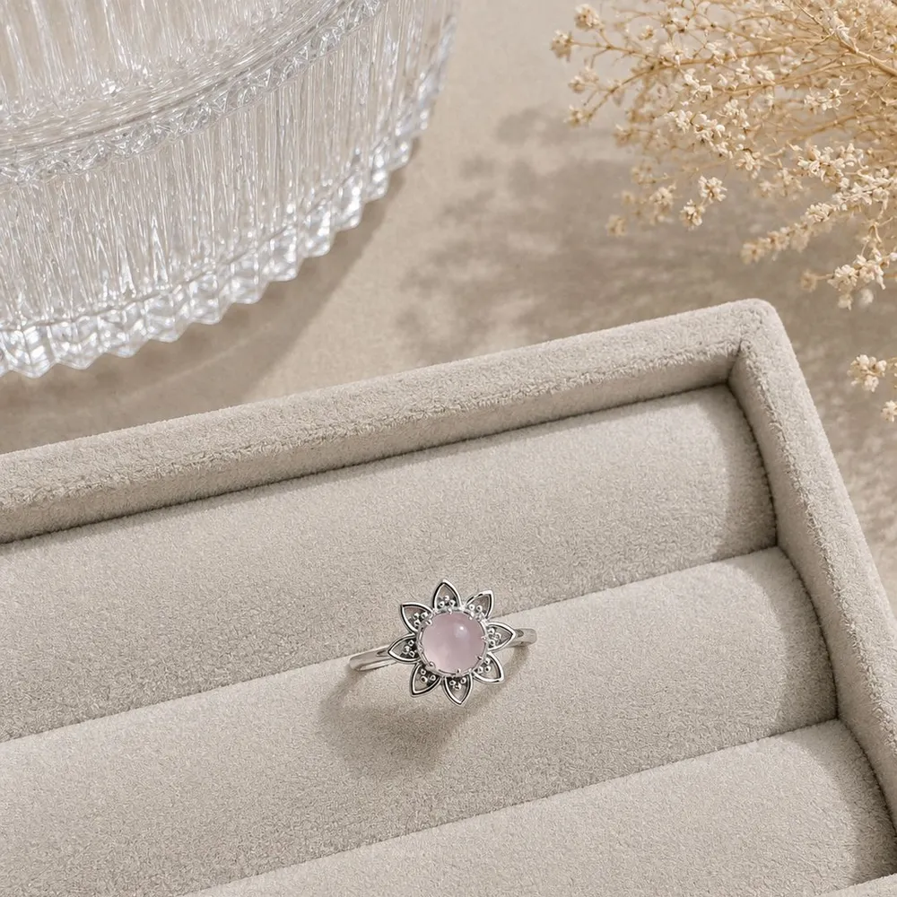 Anel Bali Flor Quartzo rosa 