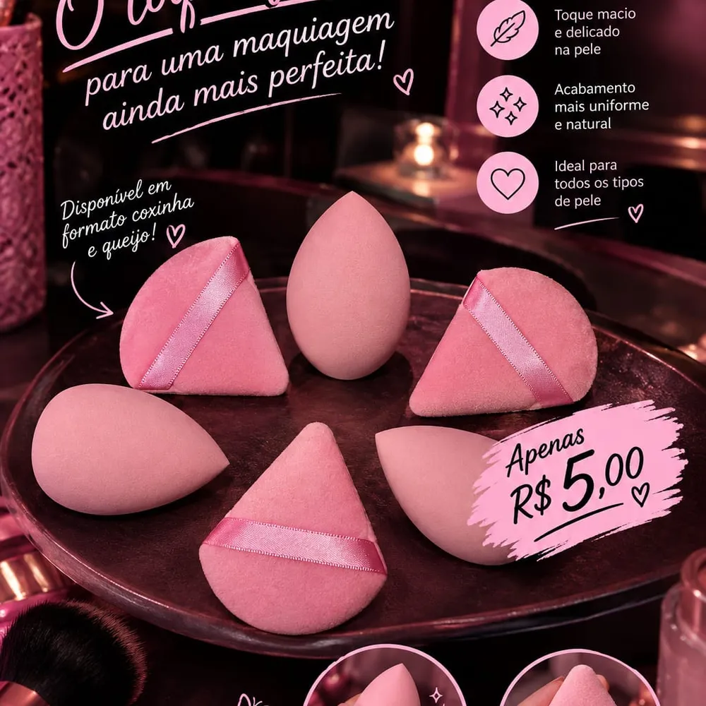 💄💗 Esponjas Grandes de Maquiagem — Queijinho e Coxinha Rosa 💗💄