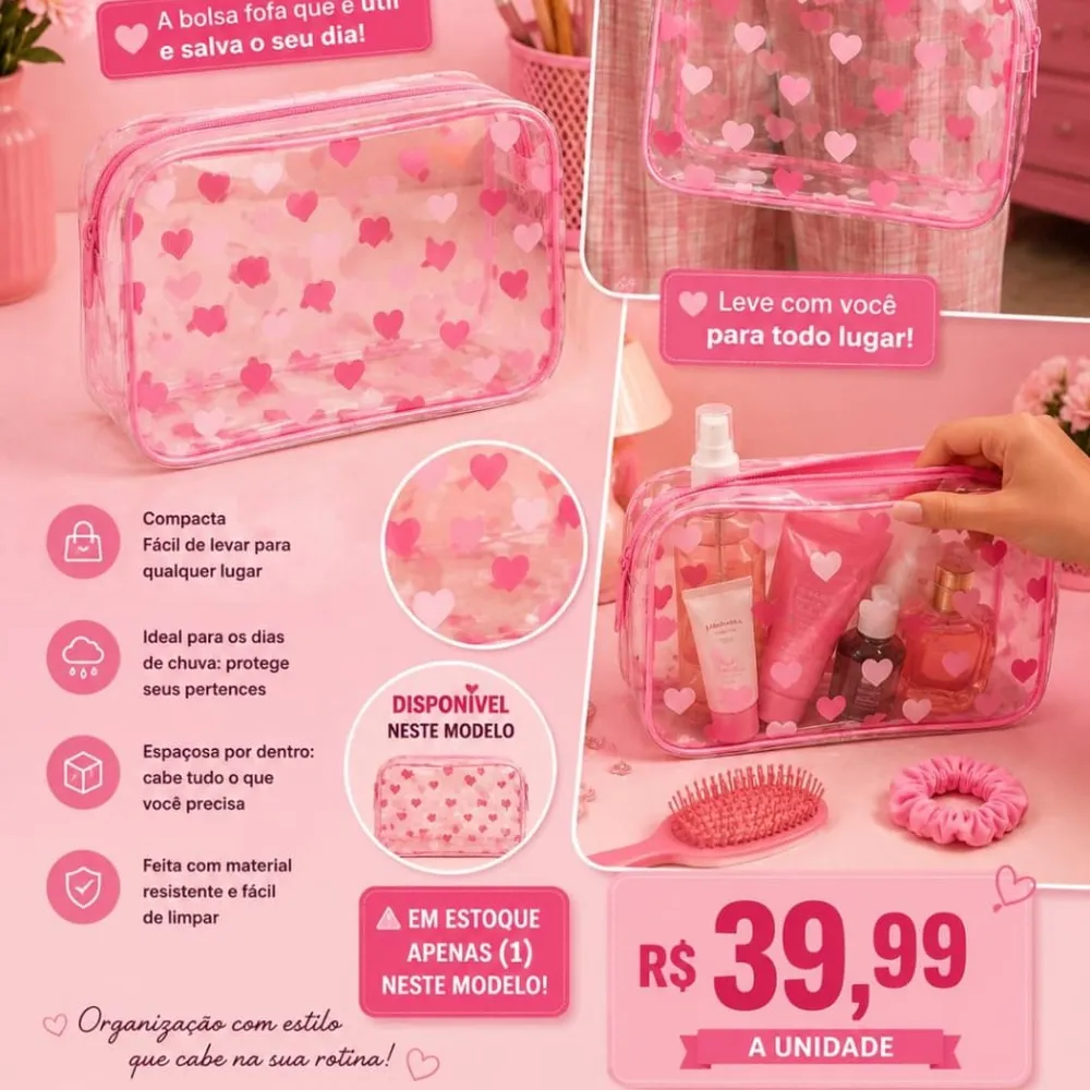 💗✨ Necessaire Rosa Transparente com Corações ✨💗