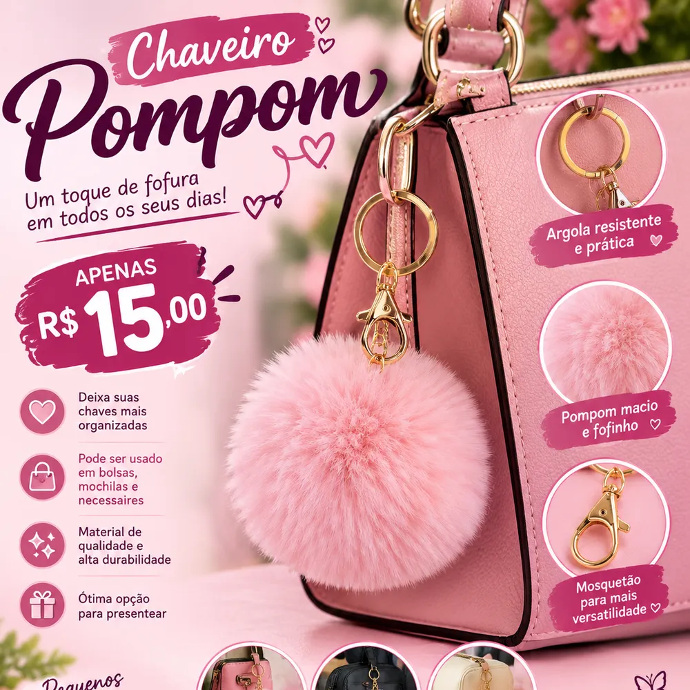🎀 Chaveiro Pompom Rosa