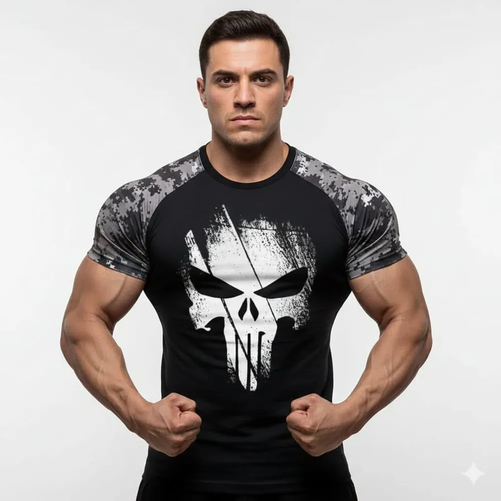 CAMISA CAVEIRA MANGA CAMUFLADA PRETA DRY FIT PREMIUM UNISSEX