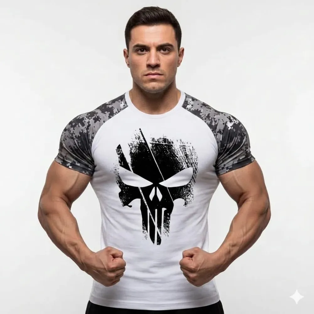 CAMISA BRANCA MANGA CAMUFLADA CAVEIRA