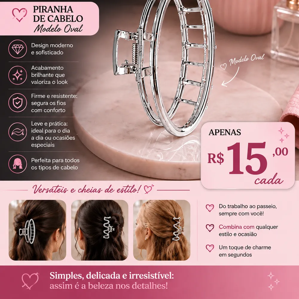 ✨ Piranha de Cabelo Modelo Oval – Prata