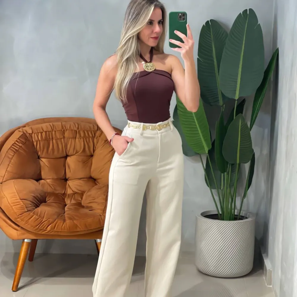 Calça em Alfaiataria Pantalona Ref. 1936 (M, Areia)