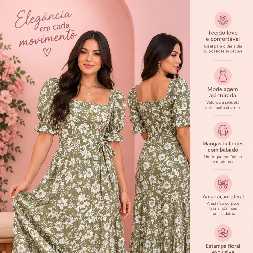 🌸 VESTIDO MIDI FLORAL VERDE OLIVA