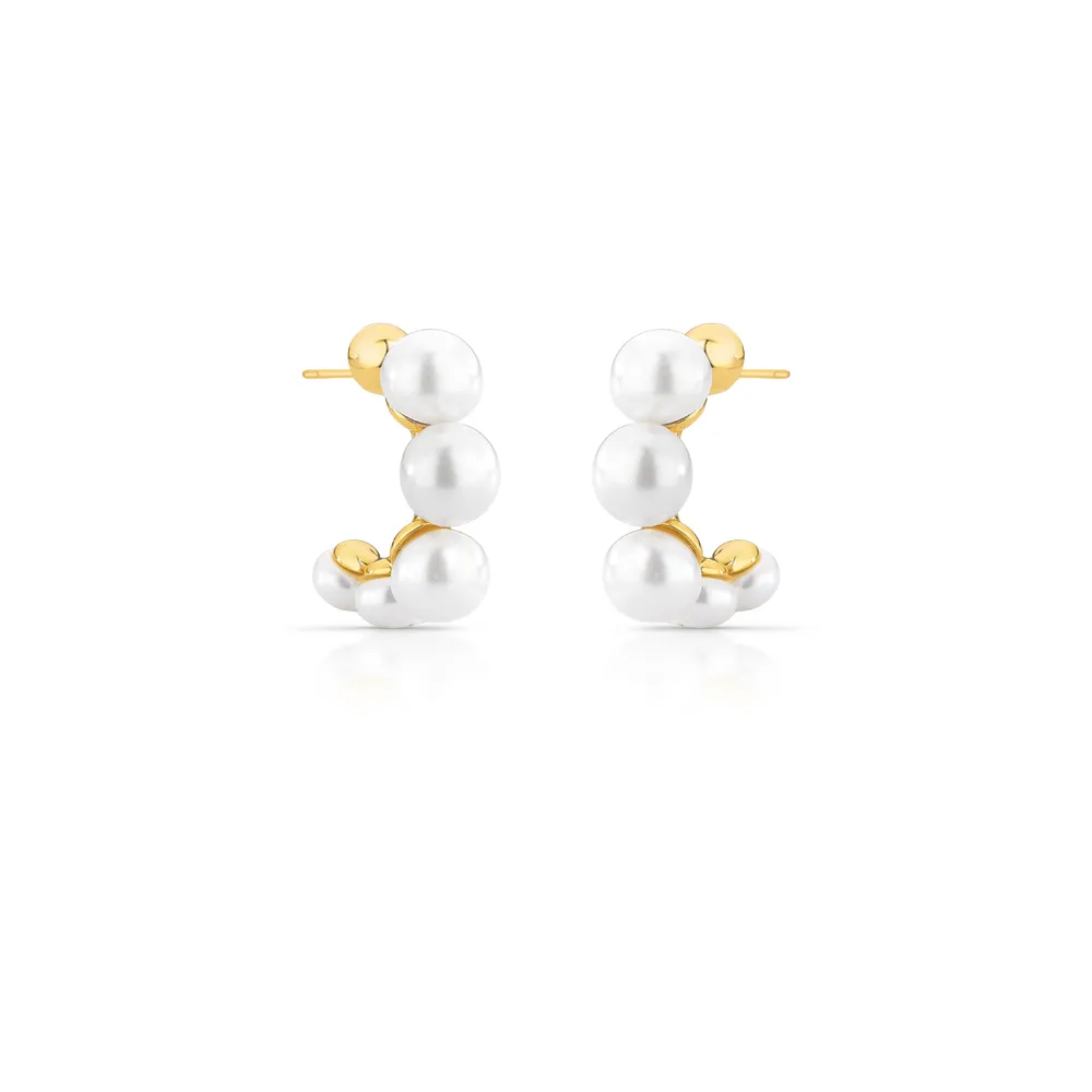 BRINCO MEIA ARGOLA 5 PEROLA SHELL ACHATADO REDONDO 8MM/ 25X24X8MM BAN. DOURADO /BRANCO - 02363970601600