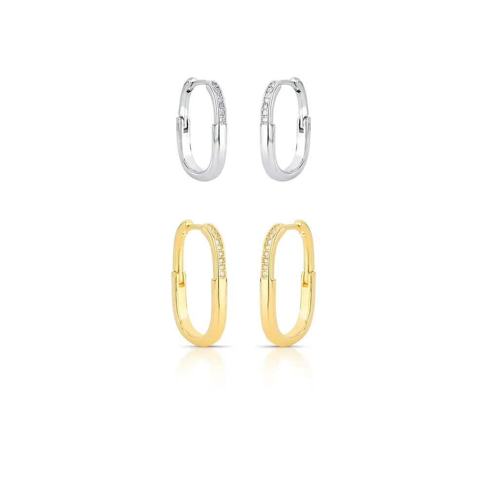 BRINCO ARGOLA ZIRCONIA DUPLO 1 COLUNA LINEAR RETANGULAR 19X15X2MM/ 23X17X2MM BAN. 2 TONS /INCOLOR - 02398295401500