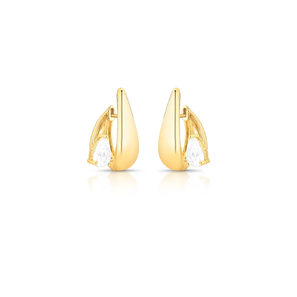 BRINCO ARGOLA PEDRA GOTA CURVO VAZADO 2 VOLTA 3 GARRA 9X6MM / 25X15X16MM BAN. DOURADO /INCOLOR - 02443100601500