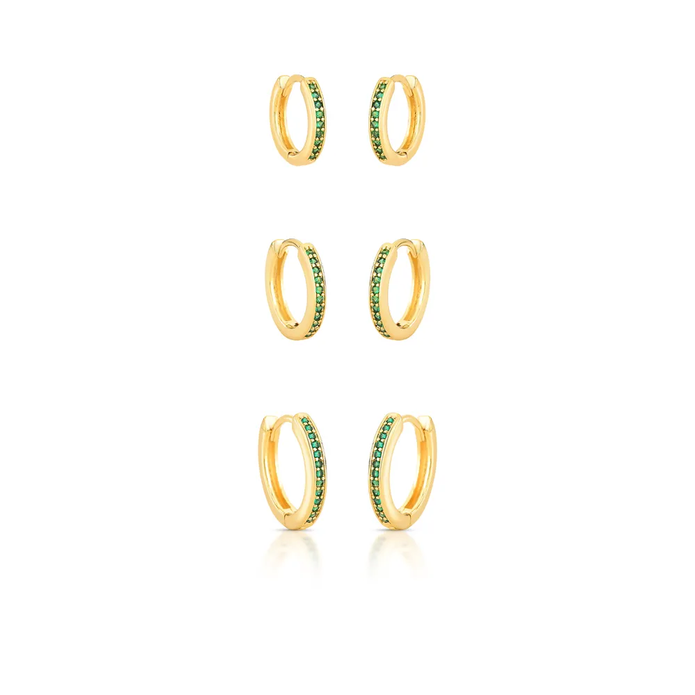 BRINCO TRIO FRENTE 1 COLUNA ZIRCONIA REDONO 13/14/16MM BAN. DOURADO /VERDE ESCURO - 02434220605000