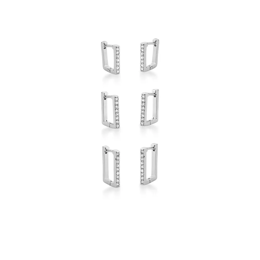 BRINCO TRIO ARGOLA ZIRCONIA FRENTE 1 COLUNA RETANGULAR 11X9X2MM /13X9X2MM / 14X9X2MM BAN. A RODIO /INC - 02301900901500