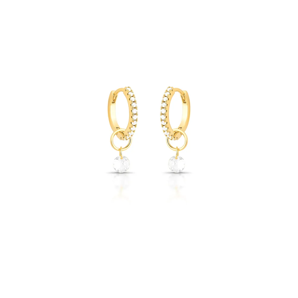 BRINCO ARGOLA 2 EM 1 PEDRA REDONDO PENDULO + 1 COLUNA ZIRCONIA CONTORNO 5MM / 25X16X2MM BAN. DOURA - 02441280601500