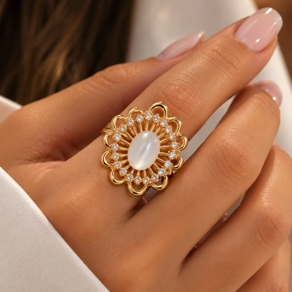 ANEL FLORAL PEDRA OVAL N°18