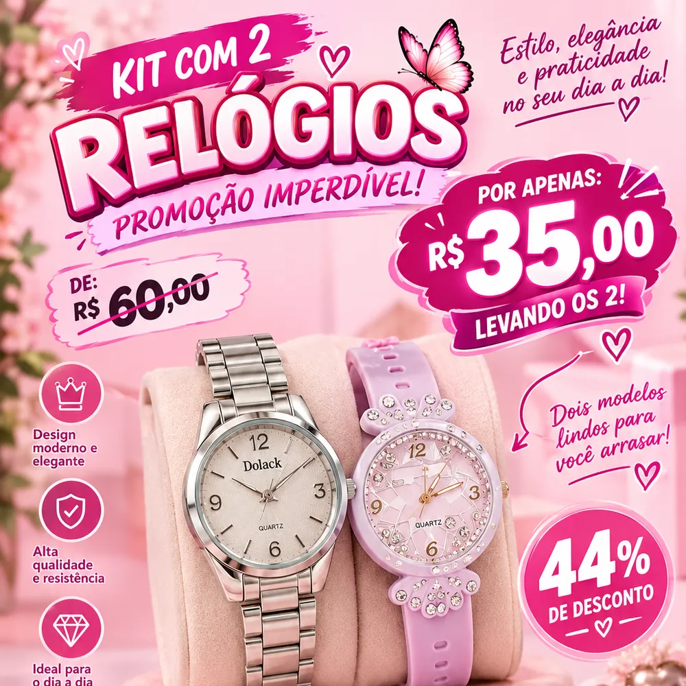 💕✨ PROMOÇÃO ESPECIAL – KIT COM 2 RELÓGIOS FEMININOS! ✨⌚