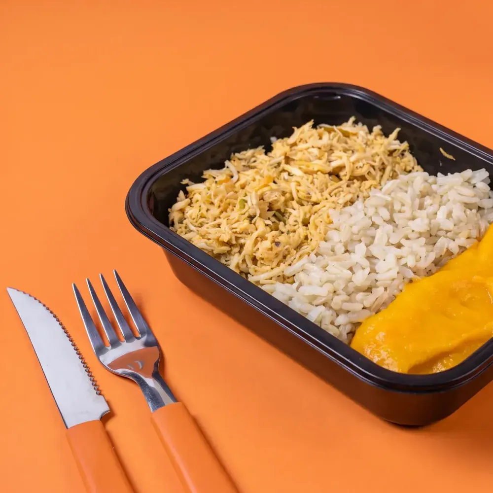 Frango Desfiado com arroz integral e purê de cenoura 200g
