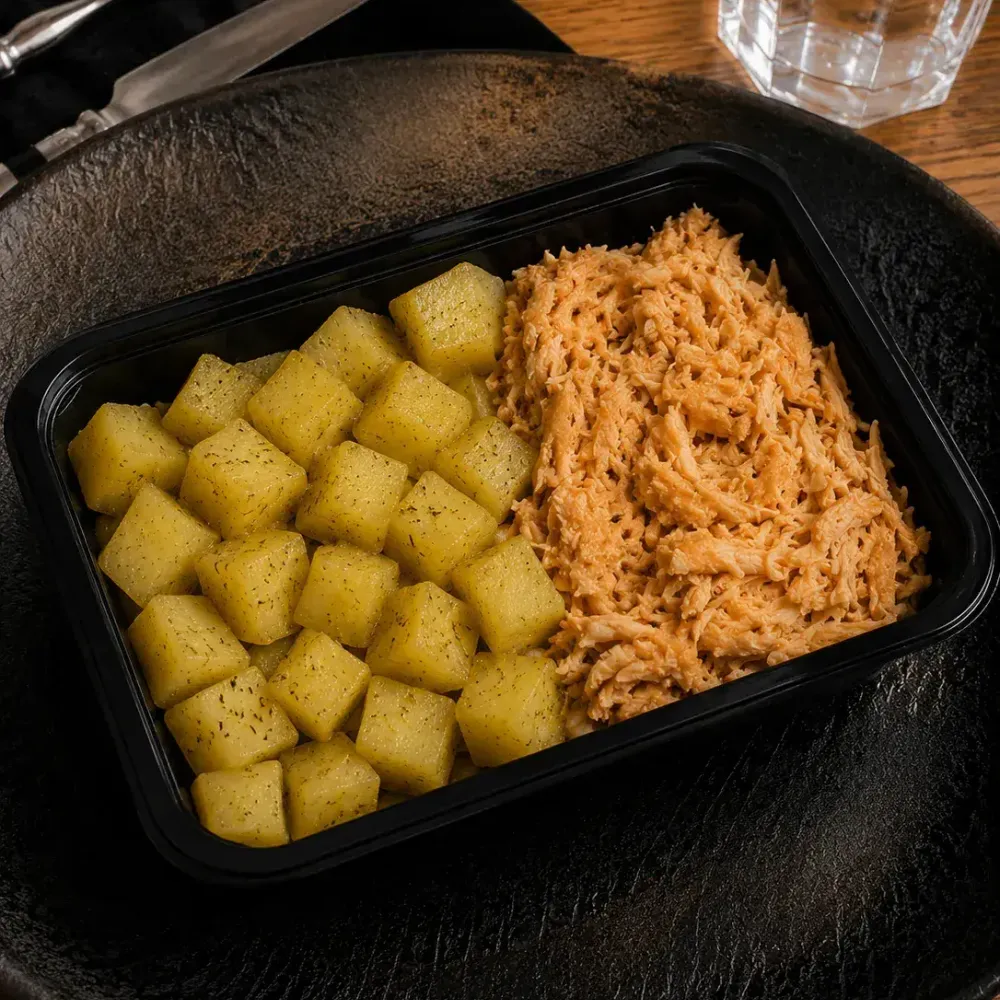 Frango desfiado c/ batata doce temperada