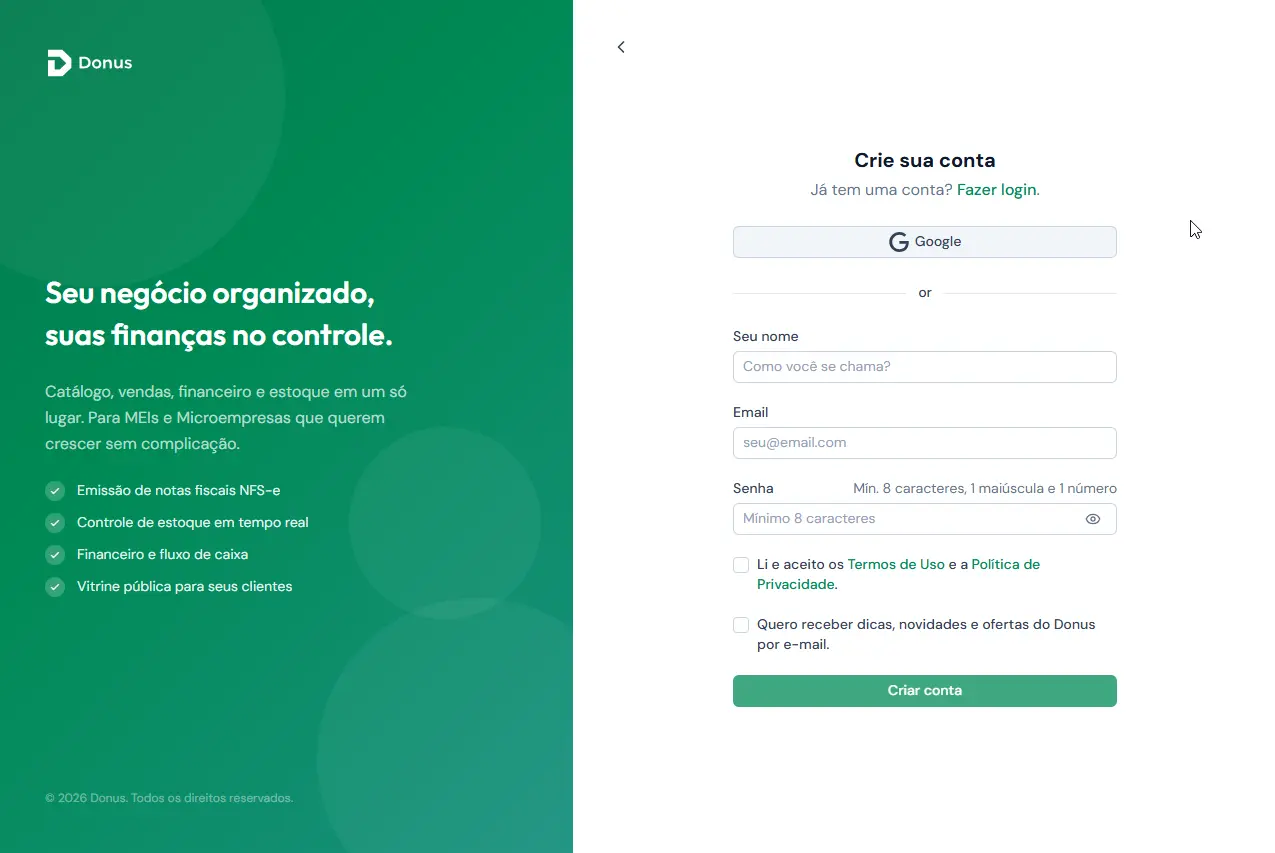 Tela de criação de conta