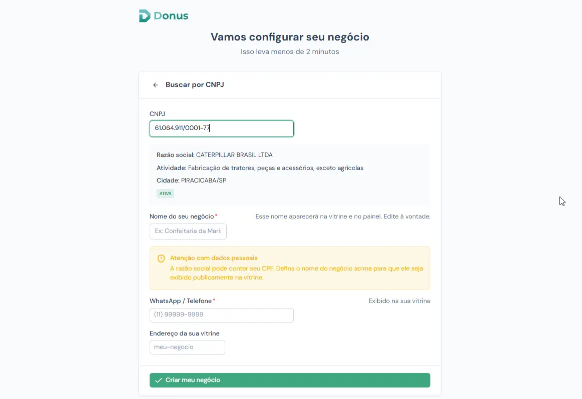 Formulário com os dados do negócio