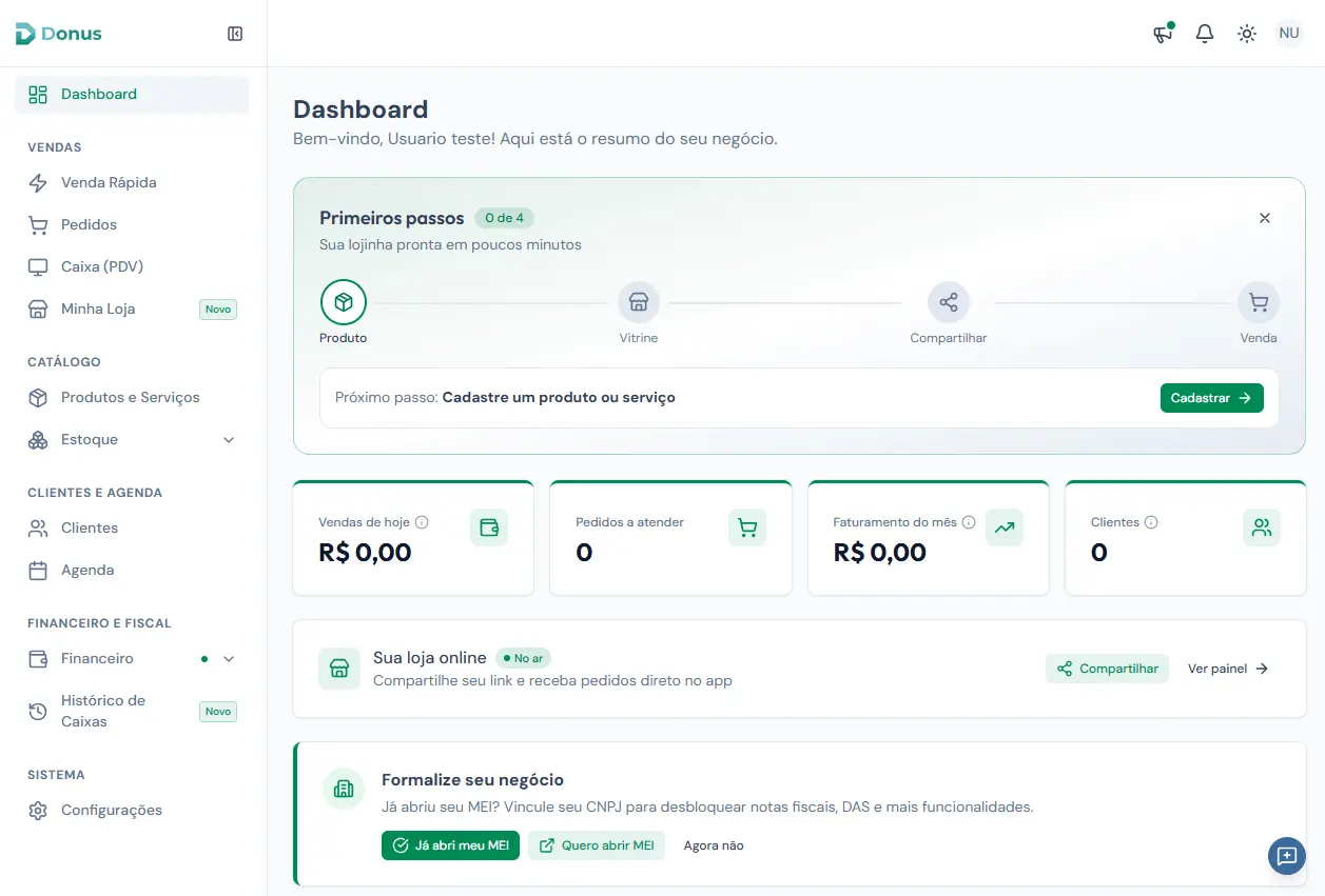 Painel inicial com o menu lateral