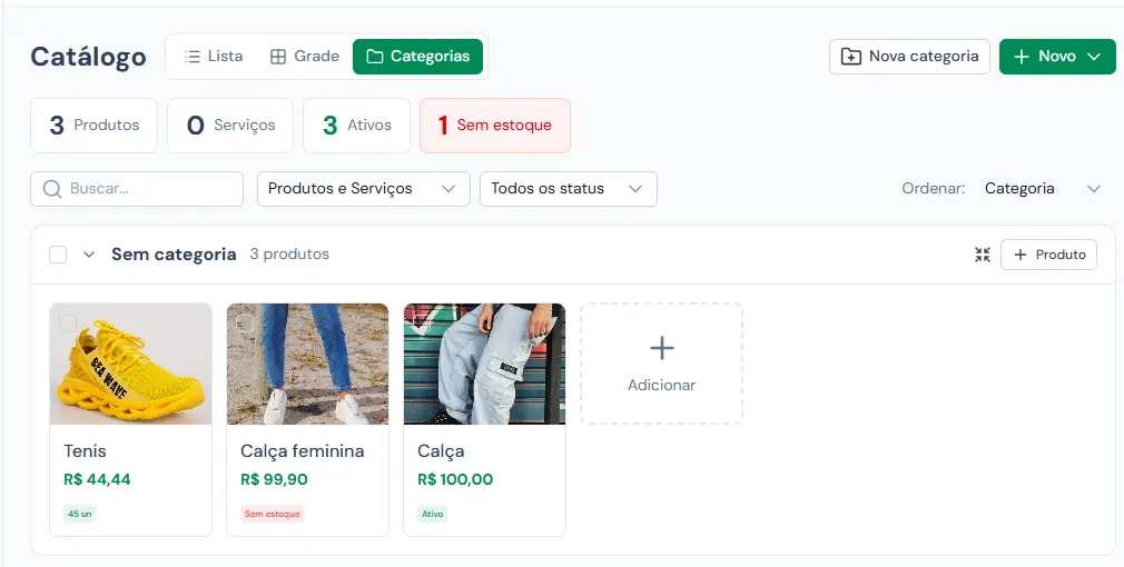 Catálogo em lista, com categorias