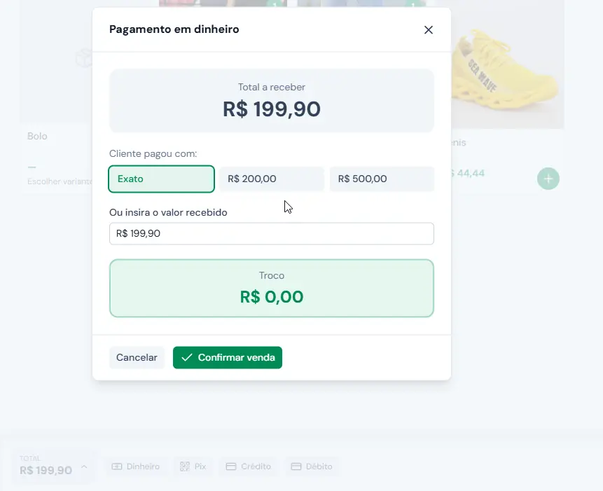 Escolha da forma de pagamento e troco