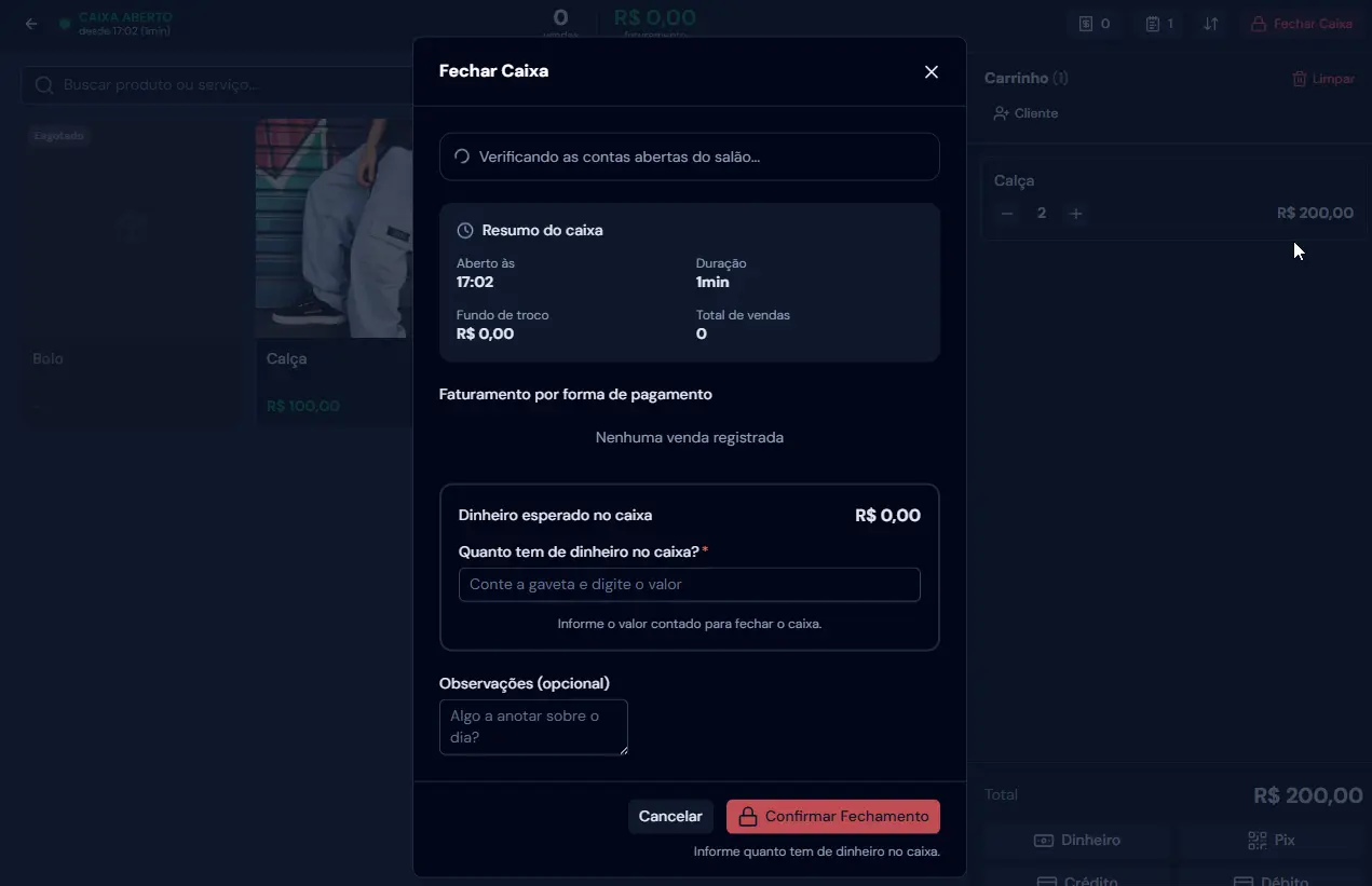 Fechamento de caixa com conferência