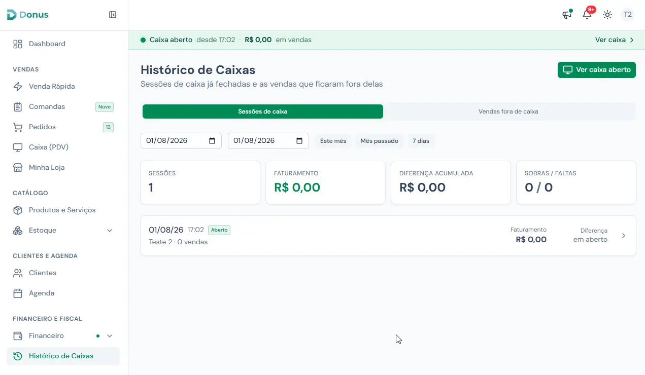 Histórico de caixas