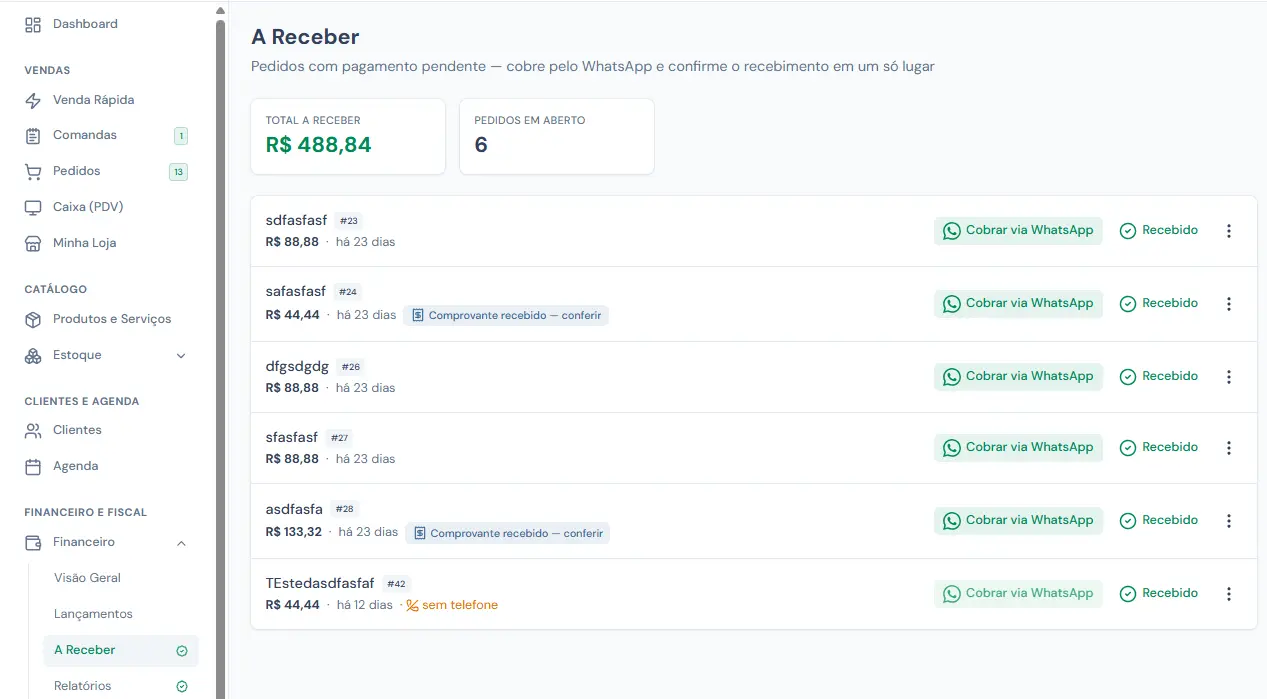 Tela A Receber com cobrança