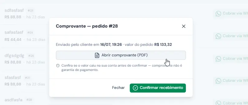 Página de pagamento vista pelo cliente
