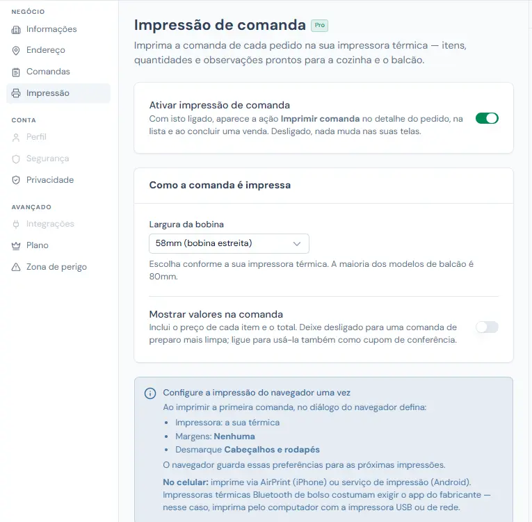 Configuração de impressão